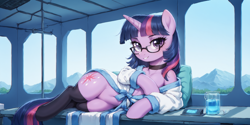 Size: 2400x1200 | Tagged: safe, imported from derpibooru, twilight sparkle, pony, unicorn, ai content, ai generated, bathrobe, bust, clothes, glasses, horn, looking at you, lying down, on side, portrait, prompter:greesys, robe, scenery, solo