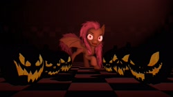 Size: 1920x1080 | Tagged: safe, artist:midnightdanny, fluttershy, bat pony, pony, 3d, bat ponified, female, flutterbat, halloween, holiday, jack-o-lantern, mare, pumpkin, race swap