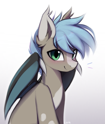 Size: 1647x1951 | Tagged: safe, artist:lerkfruitbat, imported from derpibooru, oc, oc only, bat pony, pony, bat pony oc, bat wings, blushing, ear fluff, ear tufts, gradient background, looking at you, oc name needed, partially open wings, slit pupils, smiling, smiling at you, solo, wings