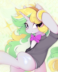 Size: 1525x1901 | Tagged: safe, artist:lerkfruitbat, imported from derpibooru, oc, oc only, oc:lemonswoosh, pony, unicorn, blushing, bowtie, clothes, commission, female, food, headphones, horn, lemon, mare, necktie, smiling, solo, suit, unicorn oc