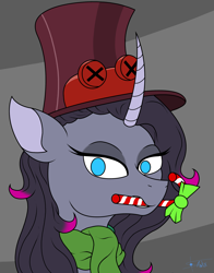 Size: 2200x2800 | Tagged: safe, artist:anix_space, imported from derpibooru, unicorn, them's fightin' herds, bust, candy, clothes, commission, community related, food, hat, horn, oleander (tfh), portrait, scarf