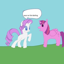 Size: 1378x1378 | Tagged: safe, imported from derpibooru, rarity, twilight sparkle, alicorn, pony, unicorn, 1000 hours in ms paint, blue sky, duo, female, grass, horn, insult, mare, missing cutie mark, quality, raised hoof, stylistic suck