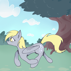 Size: 4400x4400 | Tagged: safe, artist:tkshoelace, imported from derpibooru, derpy hooves, pegasus, pony, cloud, ear fluff, female, folded wings, solo, tree, wings