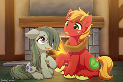 Size: 2400x1600 | Tagged: safe, artist:symbianl, imported from derpibooru, big macintosh, marble pie, earth pony, pony, cute, duo, duo male and female, female, fireplace, freckles, indoors, looking at each other, looking at someone, macabetes, male, marblebetes, marblemac, mare, open mouth, shipping, sitting, stallion, straight, tail, unshorn fetlocks