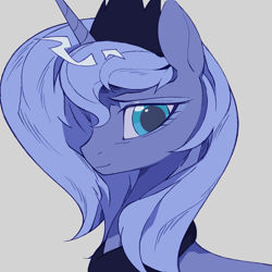 Size: 2048x2048 | Tagged: safe, artist:6ji5z6gmst1j2vs, imported from derpibooru, princess luna, alicorn, pony, bust, female, gray background, looking at you, mare, portrait, s1 luna, simple background, solo