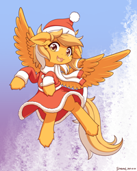 Size: 1600x2000 | Tagged: safe, artist:symbianl, imported from derpibooru, oc, oc only, oc:mareota, pegasus, pony, christmas, clothes, female, hat, holiday, looking at you, mare, open mouth, open smile, pegasus oc, santa hat, scarf, smiling, smiling at you, solo, spread wings, wings