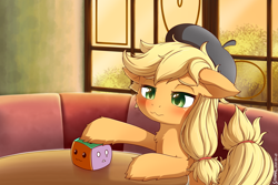 Size: 2400x1600 | Tagged: safe, artist:symbianl, imported from derpibooru, applejack, pony, how applejack got her hat back, my little pony: pony life, spoiler:pony life s01e04, beret, blushing, female, freckles, g4.5 to g4, generation leap, hat, indoors, mare, scene interpretation, sitting, solo