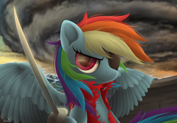 Size: 7500x5250 | Tagged: safe, artist:symbianl, imported from derpibooru, rainbow dash, pegasus, pony, absurd resolution, eyepatch, female, mare, ocean, outdoors, pirate dash, solo, spread wings, sword, water, weapon, wings