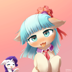 Size: 1500x1500 | Tagged: safe, artist:symbianl, imported from derpibooru, coco pommel, rarity, earth pony, pony, unicorn, blushing, drunk, duo, duo female, eyes closed, female, floppy ears, frog (hoof), gradient background, horn, mare, open mouth, tongue out, underhoof