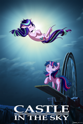 Size: 3200x4800 | Tagged: safe, artist:symbianl, imported from derpibooru, starlight glimmer, twilight sparkle, pony, unicorn, castle in the sky, duo, duo female, eyes closed, female, high res, horn, mare, movie poster, open mouth, parody, poster, poster parody, raised hoof, unicorn twilight