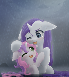 Size: 1800x2000 | Tagged: safe, artist:symbianl, imported from derpibooru, rarity, sweetie belle, pony, unicorn, belle sisters, blushing, cute, diasweetes, duo, duo female, female, filly, floppy ears, foal, horn, looking at each other, looking at someone, mare, one eye closed, open mouth, open smile, outdoors, partially submerged, rain, raribetes, sibling love, siblings, sisterly love, sisters, smiling, smiling at each other, water, wet, wet mane, wink