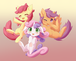 Size: 2250x1800 | Tagged: safe, artist:symbianl, imported from derpibooru, apple bloom, scootaloo, sweetie belle, earth pony, pegasus, pony, unicorn, adorabloom, blank flank, blushing, cute, cutealoo, cutie mark crusaders, cutie mark cuties, diasweetes, eyes closed, female, filly, floppy ears, foal, frog (hoof), gradient background, horn, looking at you, one eye closed, open mouth, open smile, smiling, smiling at you, spread wings, trio, trio female, underhoof, wings, wink, winking at you