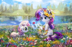 Size: 1100x731 | Tagged: safe, artist:son-trava, imported from derpibooru, rarity, sweetie belle, oc, oc:marussia, earth pony, pony, unicorn, beautiful, belle sisters, color porn, description in comments, duo focus, eyeshadow, female, filly, fishing, floral head wreath, flower, foal, glowing, glowing horn, grass, horn, lake, levitation, lying down, magic, magic aura, makeup, mare, meadow, nation ponies, outdoors, ponified, prone, russia, scenery, scenery porn, siblings, sisters, sitting, telekinesis, trio, water