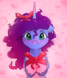 Size: 1182x1377 | Tagged: safe, artist:itssim, imported from derpibooru, pony, unicorn, blushing, commission, cute, female, g5, horn, looking at you, mare, misty brightdawn, mistybetes, rebirth misty, ribbon, smiling, smiling at you, solo, unshorn fetlocks