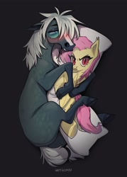 Size: 2500x3500 | Tagged: safe, artist:zazush-una, imported from derpibooru, fluttershy, oc, oc:tenderness, bat pony, horse, pony, bat ponified, blushing, body pillow, flutterbat, race swap, signature, solo