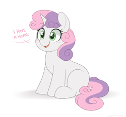 Size: 1559x1454 | Tagged: safe, artist:higgly-chan, imported from derpibooru, sweetie belle, pony, unicorn, blank flank, blushing, dialogue, eye clipping through hair, female, filly, foal, horn, looking offscreen, mare, simple background, sitting, smiling, solo, white background