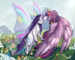 Size: 2500x2000 | Tagged: safe, artist:slapearl, imported from derpibooru, rarity, twilight sparkle, alicorn, fairy, pony, butterfly wings, canterlot, duo, duo female, female, flying, gossamer wings, lesbian, lips, looking at each other, looking at someone, mare, ponyville, ponyville town hall, rarilight, scenery, shipping, smiling, twilight sparkle (alicorn), wings