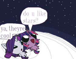 Size: 588x454 | Tagged: safe, artist:slapearl, imported from derpibooru, rarity, twilight sparkle, duo, female, lesbian, looking at something, looking up, moon, ms paint, open mouth, open smile, rarilight, shipping, smiling, stars