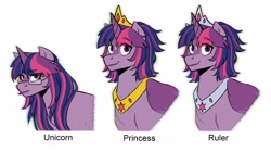 Size: 2500x1400 | Tagged: safe, artist:slapearl, imported from derpibooru, twilight sparkle, alicorn, pony, unicorn, alternate design, bust, collar, female, glasses, jewelry, mare, simple background, smiling, tiara, twilight sparkle (alicorn), unicorn twilight, white background