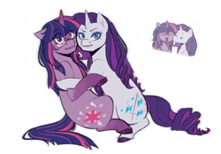 Size: 2300x1600 | Tagged: safe, artist:slapearl, imported from derpibooru, rarity, twilight sparkle, pony, unicorn, duo, duo female, female, full body, glasses, hug, kissing, lesbian, mare, rarilight, shipping, simple background, smiling, unicorn twilight, white background