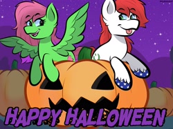 Size: 2048x1535 | Tagged: safe, artist:doodle-hooves, oc, oc only, pony, female, halloween, holiday, jack-o-lantern, male, mare, pumpkin, stallion, tongue out