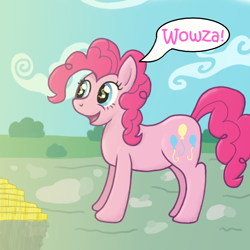 Size: 1024x1024 | Tagged: safe, artist:sewaddle36, derpibooru exclusive, imported from derpibooru, pinkie pie, earth pony, pony, bits, female, gold, happy, smiling, solo, speech bubble, text