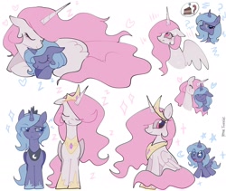 Size: 2048x1726 | Tagged: safe, artist:petaltwinkle, imported from derpibooru, princess celestia, princess luna, alicorn, cake, cakelestia, crown, cute, cutelestia, drool, duo, duo female, eyebrows, eyeroll, eyes closed, female, filly, filly luna, food, hug, jewelry, looking at someone, lunabetes, mare, open mouth, peytral, pink-mane celestia, raised eyebrow, regalia, royal sisters, s1 luna, sibling love, siblings, simple background, sisterly love, sisters, sleeping, smiling, starry eyes, white background, wingding eyes, woona, younger