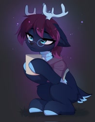 Size: 1607x2048 | Tagged: safe, artist:empress-twilight, oc, oc only, deer, pony, abstract background, coffee, deer oc, female, glasses, hooves, mare, sitting