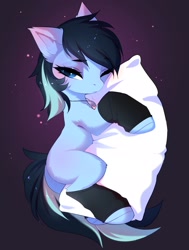 Size: 1546x2048 | Tagged: safe, artist:empress-twilight, oc, oc only, pony, abstract background, female, hooves, leg warmers, mare, one eye closed, pillow