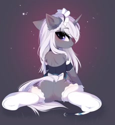 Size: 1872x2048 | Tagged: safe, artist:empress-twilight, oc, oc only, pony, abstract background, butt, clothes, female, hooves, looking back, maid, mare, socks, splits