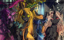 Size: 2750x1727 | Tagged: safe, artist:kefirro7, imported from derpibooru, queen chrysalis, oc, oc:ambrosia, oc:calliphora, oc:miasma, oc:myxine, changeling, changeling queen, pony, unicorn, blue changeling, changeling oc, changeling queen oc, fangs, female, horn, lidded eyes, long tongue, open mouth, plushie, purple changeling, slit pupils, tongue out, yellow changeling