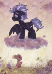 Size: 1527x2160 | Tagged: safe, artist:equmoria, imported from derpibooru, oc, oc only, pegasus, pony, rabbit, animal, cloud, full body, male, pegasus oc, rain, solo, sprout, stallion, stormcloud, wings