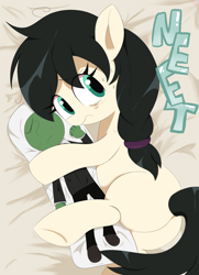 Size: 2425x3351 | Tagged: safe, artist:spoonie, oc, oc only, oc:anon, oc:floor bored, earth pony, pony, bed, body pillow, butt, featured image, neet, solo, sweat