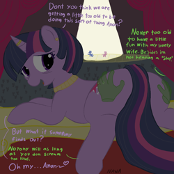 Size: 2000x2000 | Tagged: safe, artist:notawriteranon, twilight sparkle, oc, oc:anon, butt, butt touch, hand on butt, looking back, older, older twilight, ring on horn