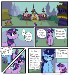 Size: 1600x1700 | Tagged: artist needed, source needed, safe, imported from derpibooru, twilight sparkle, oc, oc:bluethunder, unicorn, canterlot, comic, fluffy, horn, outdoors, princess celestia's school for gifted unicorns, school, unicorn twilight