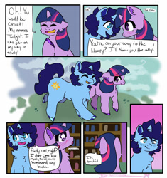 Size: 1600x1700 | Tagged: artist needed, source needed, safe, imported from derpibooru, twilight sparkle, oc, oc:blue thunder, unicorn, 6 panel comic, blushing, bookshelf, comic, duo, duo male and female, female, fluffy, horn, library, male, starry eyes, unicorn twilight, wingding eyes