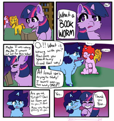 Size: 1600x1700 | Tagged: artist needed, source needed, safe, imported from derpibooru, twilight sparkle, oc, oc:blue thunder, unicorn, 6 panel comic, book, bully, bullying, comic, fluffy, horn