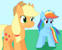 Size: 1058x844 | Tagged: safe, artist:cmara, imported from derpibooru, applejack, rainbow dash, earth pony, pegasus, applejack's hat, cowboy hat, duo, duo female, female, hat, outdoors