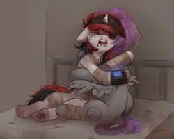 Size: 1313x1053 | Tagged: safe, artist:melodylibris, imported from derpibooru, oc, oc only, oc:blackjack, oc:morning glory (project horizons), pegasus, pony, unicorn, fallout equestria, fallout equestria: project horizons, bandage, bed, branded, crying, dashite, dashite brand, duo, eyes closed, fanfic art, female, female oc, floppy ears, horn, hug, indoors, mare, mare oc, open mouth, pegasus oc, pipbuck, unicorn oc, wings