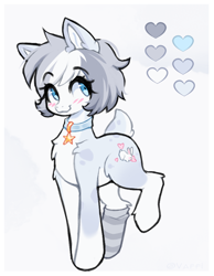 Size: 736x950 | Tagged: safe, artist:valeria_fills, imported from derpibooru, oc, oc only, earth pony, pony, adoptable, blue eyes, blush lines, blushing, chest fluff, clothes, coat markings, collar, colored pinnae, deer tail, ear fluff, femboy, hock fluff, looking away, male, pale belly, raised hoof, raised leg, reference sheet, short mane, shrunken pupils, simple background, smiling, sock, socks, socks (coat markings), solo, stallion, star collar, striped socks, tail, three toned mane, white background