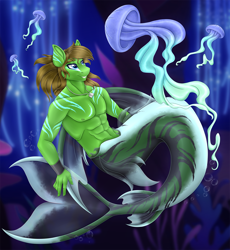 Size: 3000x3257 | Tagged: safe, artist:mailner, imported from derpibooru, oc, oc only, anthro, jellyfish, mermaid, merpony, pegasus, anthro oc, bubble, coral, digital art, dorsal fin, eyebrows, fin, fingernails, fins, fish tail, flowing mane, flowing tail, jewelry, male, necklace, ocean, scales, seaquestria, seashell necklace, seaweed, smiling, solo, stallion, swimming, tail, underwater, water