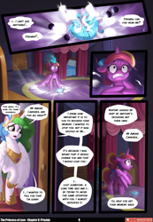 Size: 3541x5121 | Tagged: safe, artist:angusdra, artist:lummh, imported from derpibooru, princess cadance, princess celestia, prismia, alicorn, pony, comic:the princess of love, absurd resolution, comic, crown, female, foal, glowing, glowing horn, hoof shoes, horn, jewelry, magic, mare, necklace, pendant, peytral, princess shoes, regalia, speech bubble, teen princess cadance, thought bubble, wings, younger