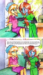 Size: 2333x4055 | Tagged: safe, artist:liaaqila, imported from derpibooru, orange sunrise, oc, oc:nurse hypno heart, equestria girls, checkup, clothes, comic, commission, dialogue, hypnosis, hypnotherapy, hypnotized, scrubs (gear), stethoscope, traditional art