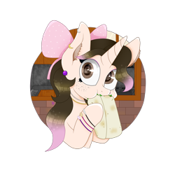 Size: 2000x2000 | Tagged: safe, artist:kathepart, imported from derpibooru, oc, oc only, oc:kinna-ca, unicorn, accessory, bracelet, collar, ear piercing, eating, hair bun, horn, jewelry, kitchen, looking at you, piercing, simple background, solo, surprised, transparent background