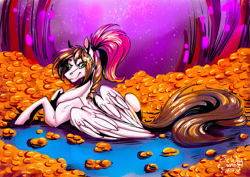 Size: 1600x1130 | Tagged: safe, artist:sunny way, imported from derpibooru, oc, oc:sunny way, horse, pegasus, pony, art, artwork, cartoon, cute, digital art, feather, female, feral, gold, ipad, lying down, mare, money, pile of gold, reaistic paint studio, smiling, solo, traditional art, watercolor painting, wings