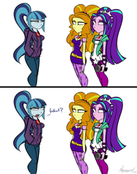 Size: 2912x3700 | Tagged: safe, artist:madragon, derpibooru exclusive, imported from derpibooru, adagio dazzle, aria blaze, sonata dusk, human, equestria girls, breasts, busty sonata dusk, clothes, comic, denim, eyeshadow, female, gem, hair ornament, hoodie, jacket, jeans, makeup, microphone, open mouth, pants, rainbow rocks 10th anniversary, scrunchie, simple background, spiked headband, spikes, standing, stars, text, the dazzlings, trio, trio female, white background