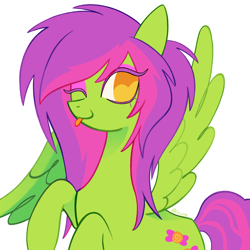 Size: 2048x2044 | Tagged: safe, artist:risswm, imported from derpibooru, oc, oc only, pegasus, pony, commission, female, looking at you, mare, no pupils, one eye closed, one wing out, simple background, smiling, smiling at you, solo, tongue out, white background, wings, wink, winking at you