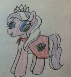 Size: 663x720 | Tagged: safe, artist:lunashy21, imported from derpibooru, diamond tiara, earth pony, pony, aside glance, cape, clothes, cmc cape, female, filly, foal, jewelry, looking at you, open mouth, open smile, pencil drawing, sideways glance, simple background, smiling, solo, standing, tiara, traditional art, white background