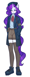 Size: 1184x3000 | Tagged: safe, artist:xjenn9, imported from derpibooru, rarity, anthro, plantigrade anthro, belt, beret, boots, clothes, coat, cravat, female, hat, shirt, shoes, shorts, simple background, socks, solo, thigh highs, white background