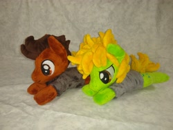 Size: 4096x3072 | Tagged: safe, artist:bluedragonflyplush, imported from derpibooru, earth pony, pony, all time low, clothes, commission, duo, duo male, frown, irl, lidded eyes, lying down, male, photo, plushie, ponified, prone, rian dawson, shirt, stallion, t-shirt, zack merrick